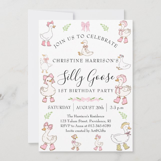 Invitación Cumpleaños 1 de Niña Ganso Tonto (Anverso)