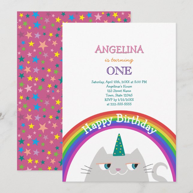 Invitación Cumpleaños 1 de niña unicornio gato lindo (Anverso / Reverso)