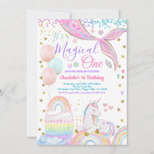 Invitación Cumpleaños 1 de Niña Unicornio Sirena Mágica