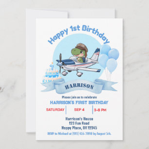 Invitación Cumpleaños 1 de niños avión azul lindo dinosaurio