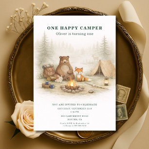 Invitación Cumpleaños 1 de One Happy Camper Animales del Bosq