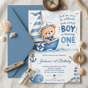 Invitación Cumpleaños 1 de Osito Teddy Náutico Barco de Vela