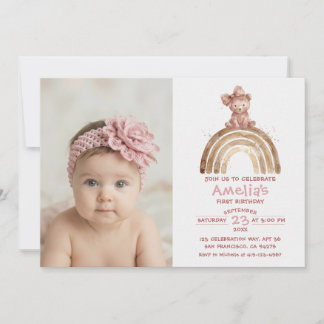 Invitación Cumpleaños 1 de oso estilo bohemio dulce arco rosa