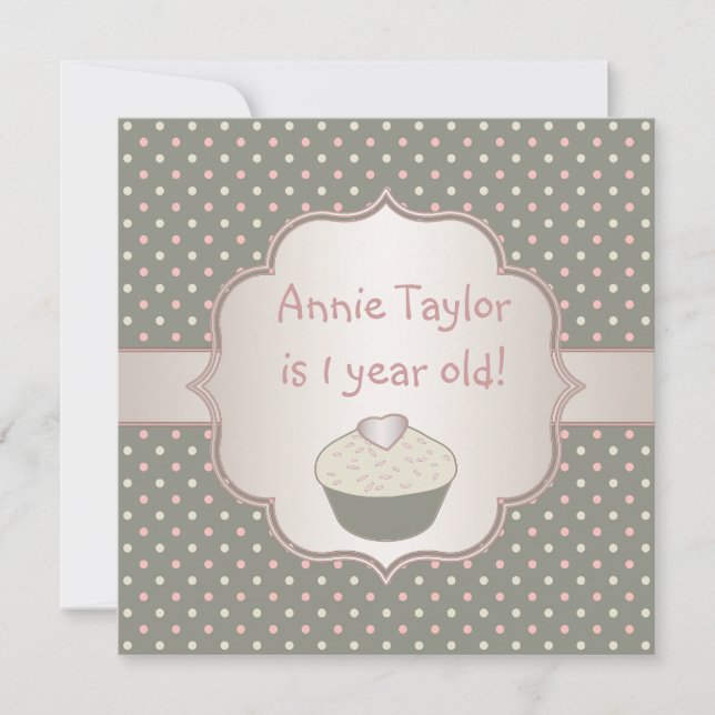 Invitación Cumpleaños 1 de Pastelito de Vainilla Rosa Verde (Anverso)