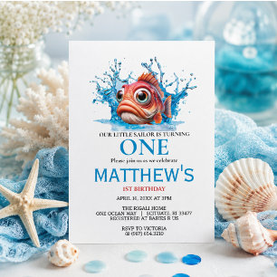 Invitación Cumpleaños 1 de Pez Azul de Agua Adorable