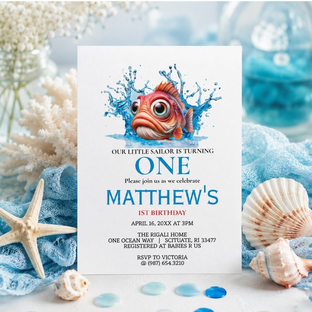 Invitación Cumpleaños 1 de Pez Azul de Agua Adorable (Cute Water Blue Fish 1st Birthday Invitation)