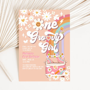 Invitación Cumpleaños 1 de Pink One Groovy Girl Daisy Rainbow