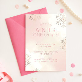 Invitación Cumpleaños 1 de Pink Winter Onederland Snowflake