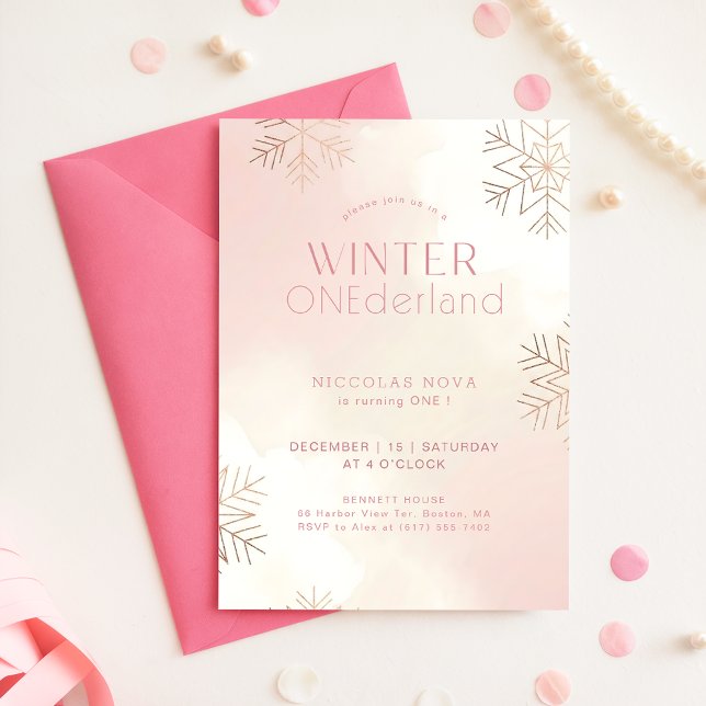 Invitación Cumpleaños 1 de Pink Winter Onederland Snowflake (Subido por el creador)