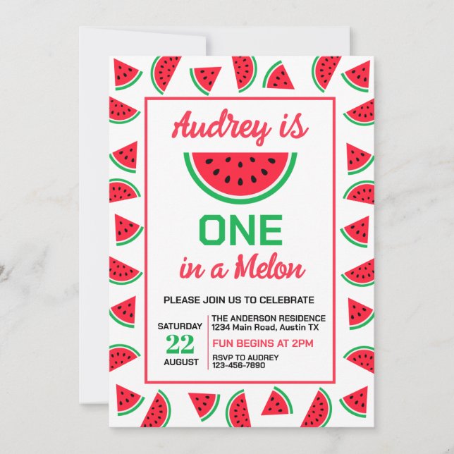 Invitación Cumpleaños 1 de Sandía Una en un Melón (Anverso)