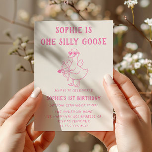 Invitación Cumpleaños 1 de Silly Goose Rosa Lindo