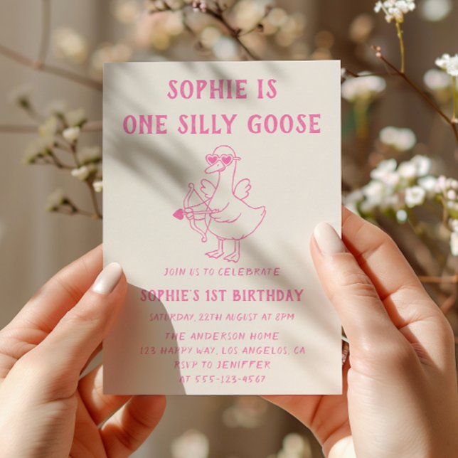 Invitación Cumpleaños 1 de Silly Goose Rosa Lindo (Subido por el creador)