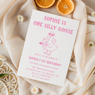 Invitación Cumpleaños 1 de Silly Goose Rosa Lindo