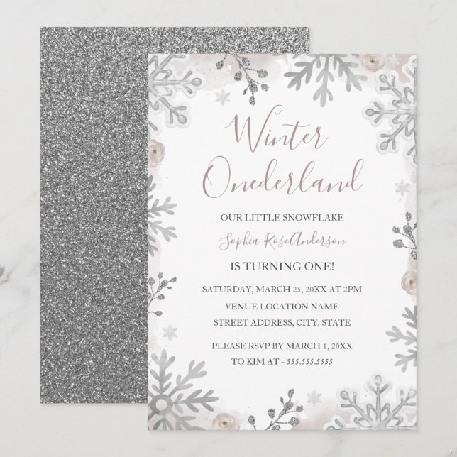 Invitación Cumpleaños 1 de Silver Blush Winter Onederland (Anverso / Reverso)