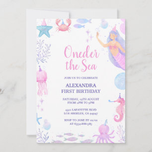 Invitación Cumpleaños 1 de Sirena Bajo el Mar Acuarela Niña