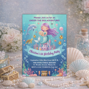 Invitación Cumpleaños 1 de Sirena Bajo el Mar Purpura