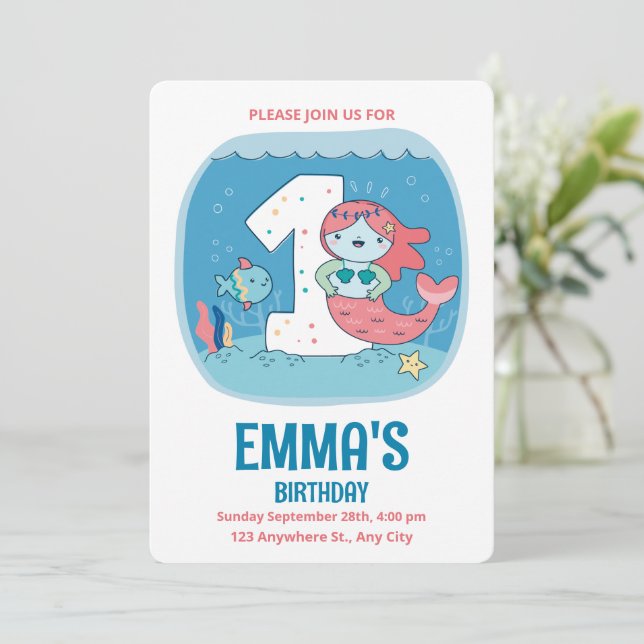 Invitación Cumpleaños 1 de Sirena, Cumpleaños Primero Bajo El (Anverso de pie)
