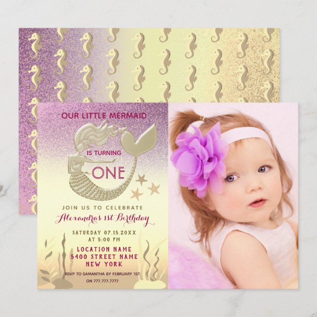 Invitación Cumpleaños 1 de Sirena Rosa y Dorado (Anverso / Reverso)