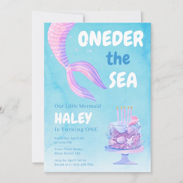 Invitación Cumpleaños 1 de sirena UNOder el mar Azul Presupue (Anverso)