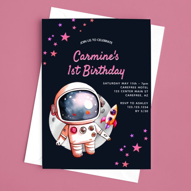 Invitación Cumpleaños 1 de Space Stars Rocket Ship Girls (Subido por el creador)