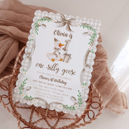 Invitación Cumpleaños 1 de Un Ganso Tonto con Lazo Beige y Ma