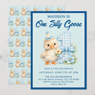 Invitación Cumpleaños 1 de Un Ganso Tonto con Lazo de Cuadros
