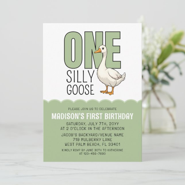 Invitación Cumpleaños 1 de Un Ganso Tonto Verde Moderno  (Anverso de pie)