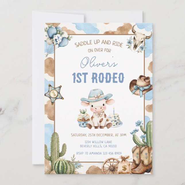 Invitación Cumpleaños 1 de vaquero azul de rodeo occidental  (Anverso)