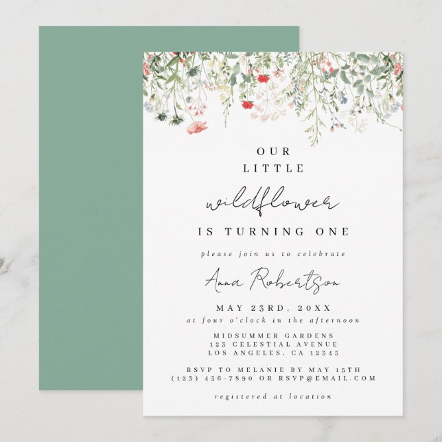 Invitación Cumpleaños 1 de Wildflower (Anverso / Reverso)
