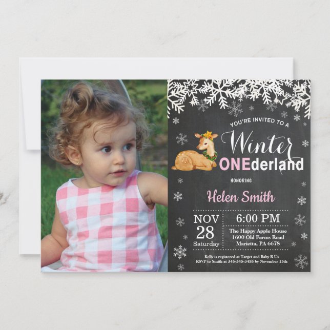 Invitación Cumpleaños 1 de Winter Onederland Deer Girl (Anverso)