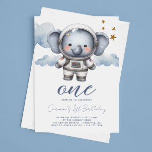 Invitación Cumpleaños 1 del Astronauta Elefante Bebé