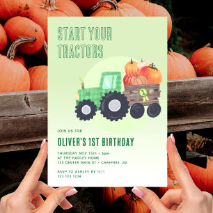 Invitación Cumpleaños 1 del niño del tractor de calabaza de o