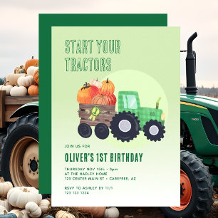 Invitación Cumpleaños 1 del niño del tractor de calabaza de o