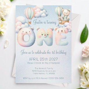 Invitación Cumpleaños 1 del Niño Osito Globo Aerostático Nube