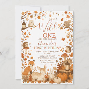 Invitación Cumpleaños 1 del Otoño Salvaje Calabaza Animales d