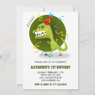 Invitación Cumpleaños 1 dinosaurio niño t rex para niños rugi