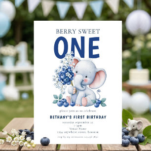 Invitación Cumpleaños 1 Elefante Arándano Dulce Bayas