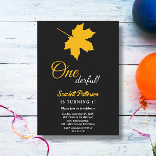 Invitación Cumpleaños 1 Elegantes Hojas de Otoño Negras Amari