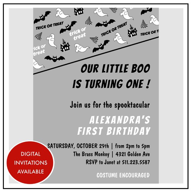 Invitación Cumpleaños 1 espectacular fantasma gris de Hallowe (Halloween-1st-birthday-Invitation-Spooktacular-Ghost-grey-1)