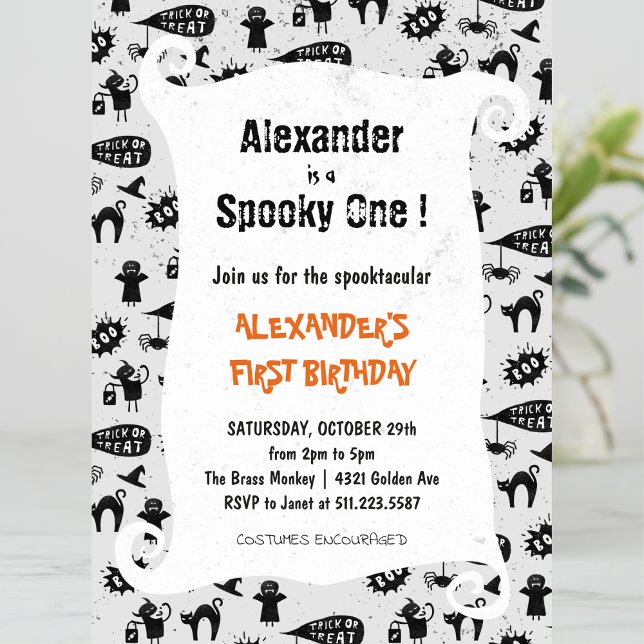 Invitación Cumpleaños 1 espeluznante Spooktacular de Hallowee (Halloween-1st-birthday-Invitation-Spooky-one-Spooktacular-boy-grey-1)