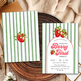 Invitación Cumpleaños 1 Flor Blanca Verde Fresa Baya