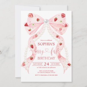 Invitación Cumpleaños 1 Fresa Rosa Lazo Perla