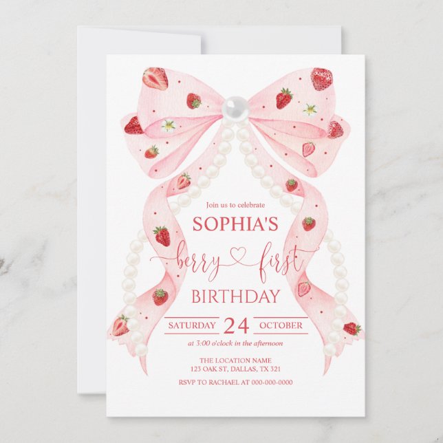 Invitación Cumpleaños 1 Fresa Rosa Lazo Perla (Anverso)