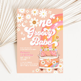 Invitación Cumpleaños 1 Groovy Babe Daisy Rainbow Groovy