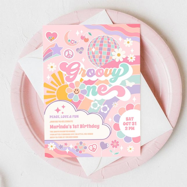 Invitación Cumpleaños 1 Groovy One Disco Arcoíris Sol  (Subido por el creador)