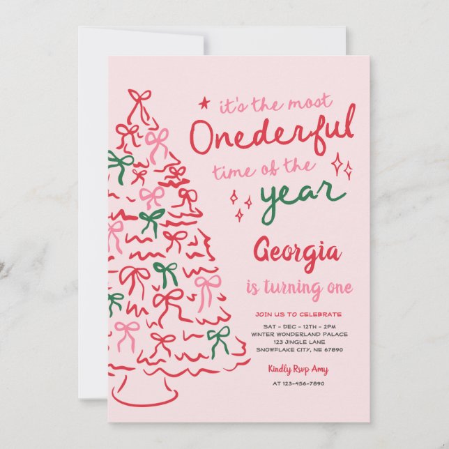 Invitación Cumpleaños 1 más Onederful Coquette Bow Navidad (Anverso)