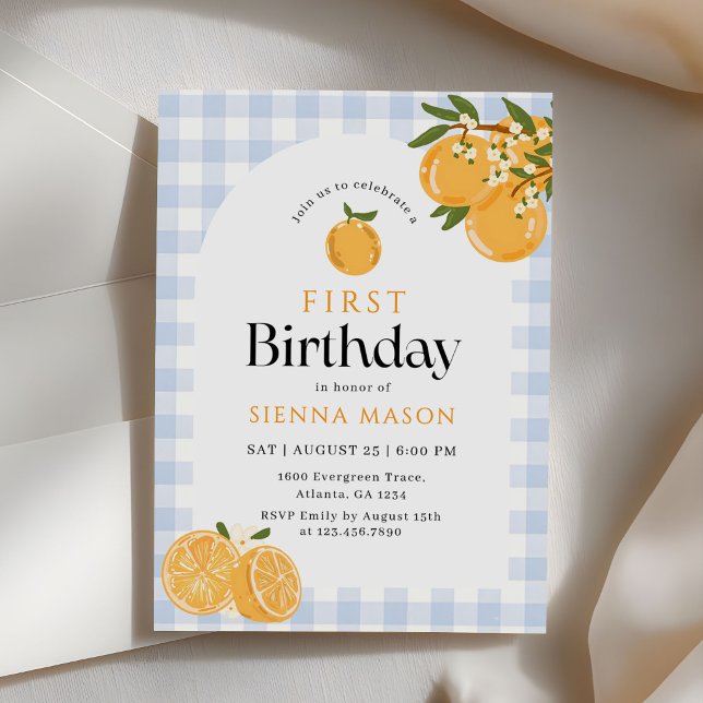 Invitación Cumpleaños 1 naranja Gingham Citrus (Subido por el creador)