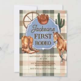 Invitación Cumpleaños 1 Niño Plaid Verde Marrón Primer Rodeo