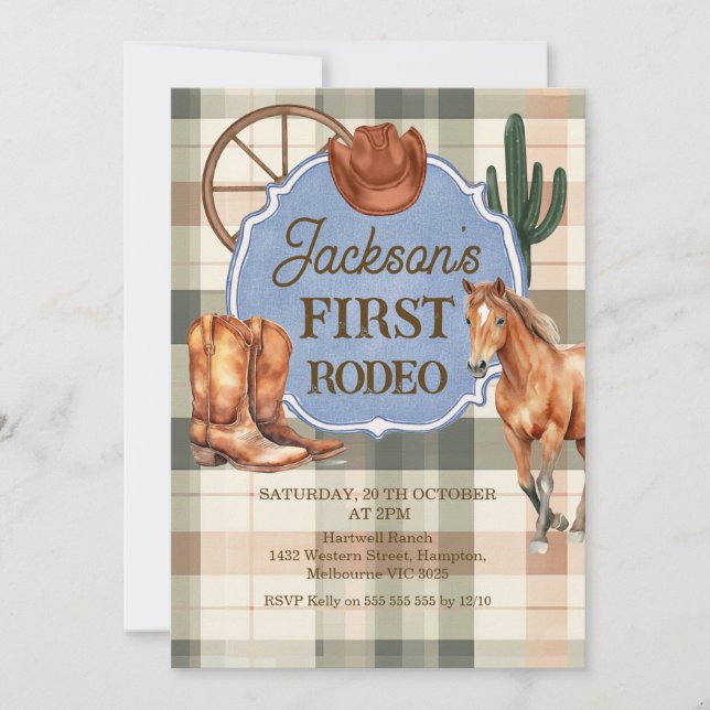 Invitación Cumpleaños 1 Niño Plaid Verde Marrón Primer Rodeo (Anverso)