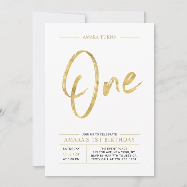 Invitación Cumpleaños 1 | Oro | Letra de Pincel Uno Fiesta de (Anverso)
